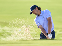 Marco Penge of England plays his shot out of a bunker on the 1st hole during day four of the Estrella Damm N.A. Andalucia Masters 2024 at Re...