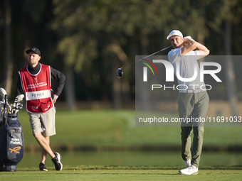 Ross Fisher of England tees off on the 2nd hole during day four of the Estrella Damm N.A. Andalucia Masters 2024 at Real Club de Golf Sotogr...