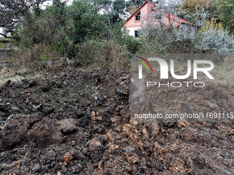 A crater is in the ground after the October 18 Russian missile strike in Odesa, Ukraine, on October 19, 2024. NO USE RUSSIA. NO USE BELARUS....