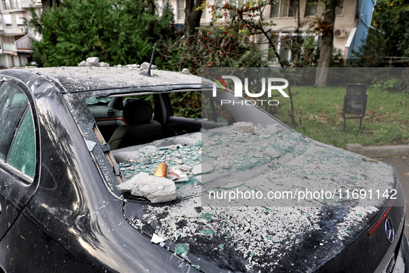 A car is damaged by the October 18 Russian missile strike in Odesa, Ukraine, on October 19, 2024. NO USE RUSSIA. NO USE BELARUS. 