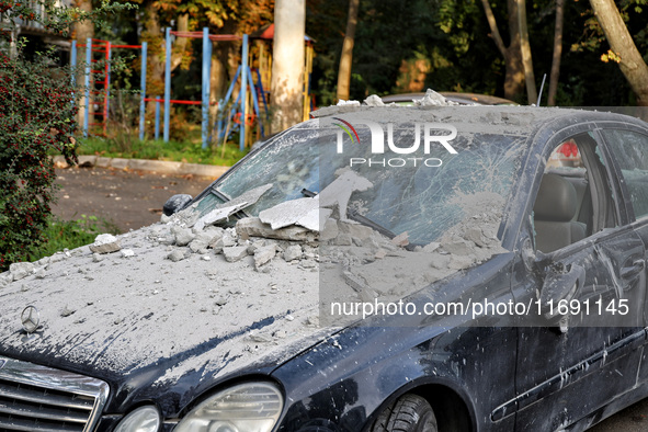 A car is damaged by the October 18 Russian missile strike in Odesa, Ukraine, on October 19, 2024. NO USE RUSSIA. NO USE BELARUS. 