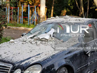 A car is damaged by the October 18 Russian missile strike in Odesa, Ukraine, on October 19, 2024. NO USE RUSSIA. NO USE BELARUS. (