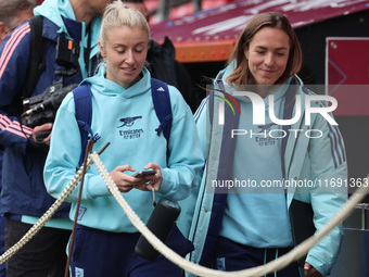 Leah Williamson of Arsenal and Lia Walti of Arsenal participate in the Barclays FA Women's Super League soccer match between West Ham United...