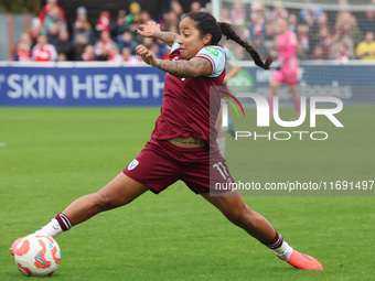 Manuela Pavi of West Ham United WFC is in action during the Barclays FA Women's Super League soccer match between West Ham United Women and...