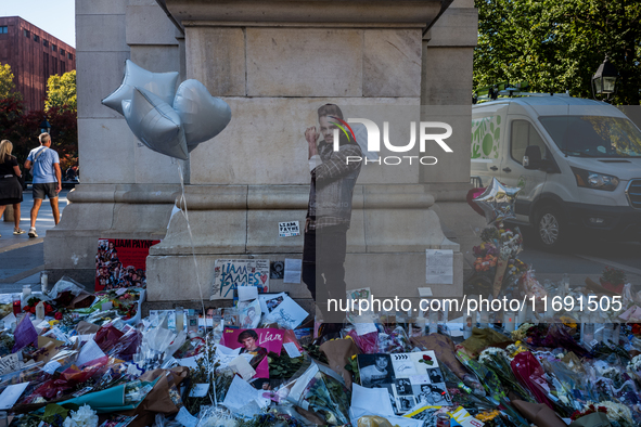 A memorial dedicated to former One Direction singer Liam Payne is at Washington Square Park in New York, New York, on October 21, 2021. Payn...