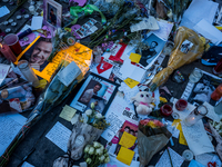 Flowers and cards are left at a memorial dedicated to former One Direction singer Liam Payne at Washington Square Park in New York, New York...