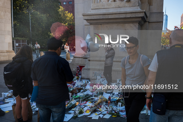 A memorial dedicated to former One Direction singer Liam Payne is at Washington Square Park in New York, New York, on October 21, 2021. Payn...