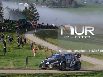 Driver Takamoto Katsuta and co-driver Aaron Johnston of Team Toyota Gazoo Racing WRT, in a Toyota GR Yaris Rally1 Hybrid, face the fourth da...