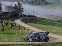 Driver Takamoto Katsuta and co-driver Aaron Johnston of Team Toyota Gazoo Racing WRT, in a Toyota GR Yaris Rally1 Hybrid, face the fourth da...