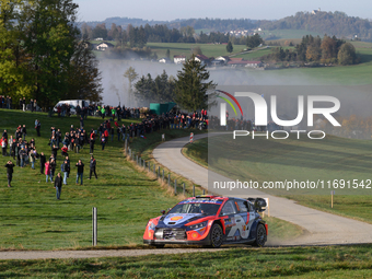 Driver Thierry Neuville and co-driver Martijn Wydaeghe of the Hyundai Shell Mobis World Rally Team, in a Hyundai I20 N Rally1 Hybrid, face t...