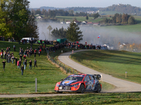 Driver Thierry Neuville and co-driver Martijn Wydaeghe of the Hyundai Shell Mobis World Rally Team, in a Hyundai I20 N Rally1 Hybrid, face t...