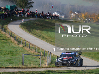 Driver Elfyn Evans and co-driver Scott Martin of the team Toyota Gazoo Racing WRT, in a Toyota GR Yaris Rally1 Hybrid, face the fourth day o...