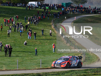 Driver Ott Tanak and co-driver Martin Jarveoja of the Hyundai Shell Mobis World Rally Team, in a Hyundai i20 N Rally1 Hybrid, face the fourt...