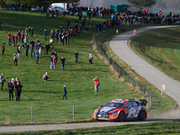 Driver Ott Tanak and co-driver Martin Jarveoja of the Hyundai Shell Mobis World Rally Team, in a Hyundai i20 N Rally1 Hybrid, face the fourt...