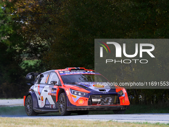 Driver Andreas Mikkelsen and co-driver Torstein Eriksen of the Hyundai Shell Mobis World Rally Team, in a Hyundai i20 N Rally1 Hybrid, face...