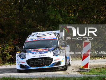 Driver Adrien Fourmaux and co-driver Alexandre Coria of the team M-Sport Ford World Rally Team Ford Puma Rally1 Hybrid face the fourth day o...