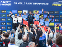 Driver Elfyn Evans and co-driver Scott Martin, driver Ott Tanak and co-driver Martin Jarveoja, and driver Thierry Neuville and co-driver Mar...