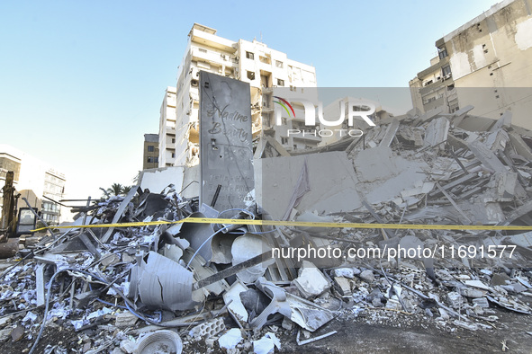 A view of the destruction after the Israeli army targets Bank Kared Al Hassan with a series of airstrikes on the suburb of Dahieh, as debris...