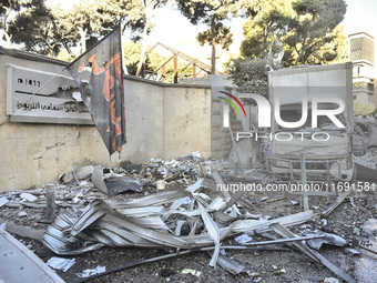 A view of the destruction after the Israeli army targets Bank Kared Al Hassan with a series of airstrikes on the suburb of Dahieh, as debris...