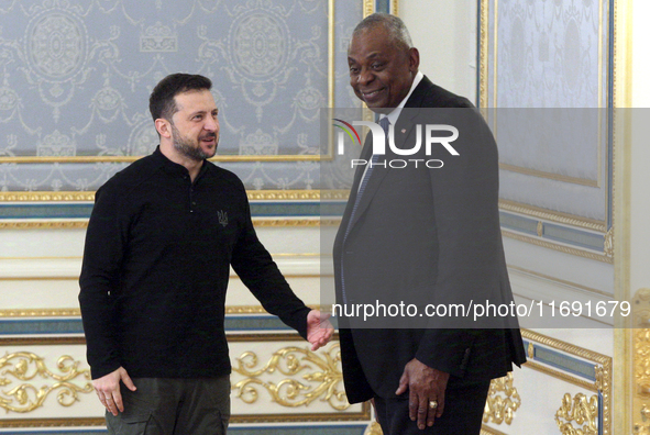 US Secretary of Defense Lloyd Austin and President of Ukraine Volodymyr Zelenskyy meet in Kyiv, Ukraine, on October 21, 2024. 