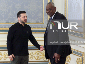 US Secretary of Defense Lloyd Austin and President of Ukraine Volodymyr Zelenskyy meet in Kyiv, Ukraine, on October 21, 2024. (