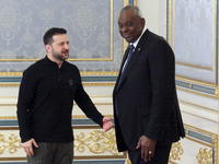 US Secretary of Defense Lloyd Austin and President of Ukraine Volodymyr Zelenskyy meet in Kyiv, Ukraine, on October 21, 2024. (