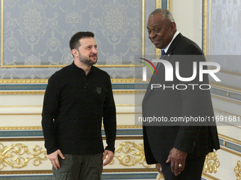 US Secretary of Defense Lloyd Austin and President of Ukraine Volodymyr Zelenskyy meet in Kyiv, Ukraine, on October 21, 2024. (