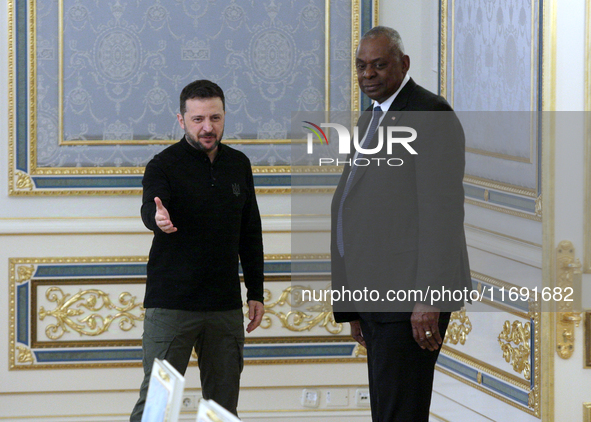 US Secretary of Defense Lloyd Austin and President of Ukraine Volodymyr Zelenskyy meet in Kyiv, Ukraine, on October 21, 2024. 