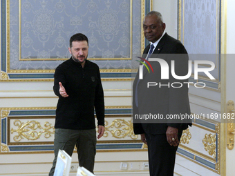 US Secretary of Defense Lloyd Austin and President of Ukraine Volodymyr Zelenskyy meet in Kyiv, Ukraine, on October 21, 2024. (