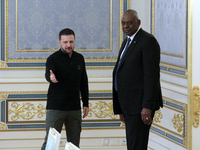 US Secretary of Defense Lloyd Austin and President of Ukraine Volodymyr Zelenskyy meet in Kyiv, Ukraine, on October 21, 2024. (