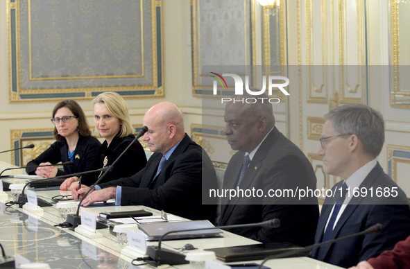 US Secretary of Defense Lloyd Austin (second from right) is seen during his meeting with President of Ukraine Volodymyr Zelenskyy in Kyiv, U...