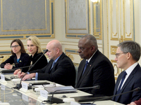 US Secretary of Defense Lloyd Austin (second from right) is seen during his meeting with President of Ukraine Volodymyr Zelenskyy in Kyiv, U...