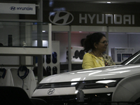 The signage of Hyundai Motor India Ltd. is seen in front of an authorized Hyundai showroom in Mumbai, India, on October 21, 2024. The listin...