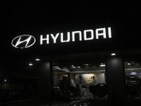 The signage of Hyundai Motor India Ltd. is seen in front of an authorized Hyundai showroom in Mumbai, India, on October 21, 2024. The listin...