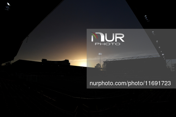 The sun sets behind the City Ground before the Premier League match between Nottingham Forest and Crystal Palace at the City Ground in Notti...