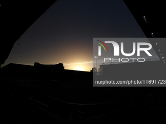 The sun sets behind the City Ground before the Premier League match between Nottingham Forest and Crystal Palace at the City Ground in Notti...