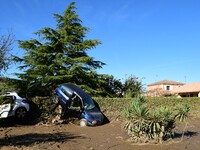 Several volunteers and residents participate in the restoration of the village of Limony in Ardeche, France, on October 21, 2024, after the...