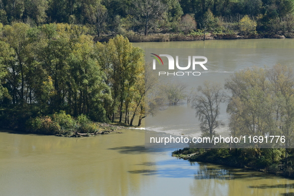 An aerial view shows the Rhone and the Saint Pierre de Boeuf hydraulic dam in the Loire after the floods on October 21, 2024. 