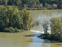 An aerial view shows the Rhone and the Saint Pierre de Boeuf hydraulic dam in the Loire after the floods on October 21, 2024. (