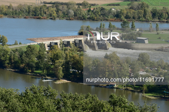 An aerial view shows the Rhone and the Saint Pierre de Boeuf hydraulic dam in the Loire after the floods on October 21, 2024. 