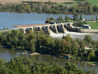 An aerial view shows the Rhone and the Saint Pierre de Boeuf hydraulic dam in the Loire after the floods on October 21, 2024. (