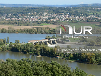 An aerial view shows the Rhone and the Saint Pierre de Boeuf hydraulic dam in the Loire after the floods on October 21, 2024. (