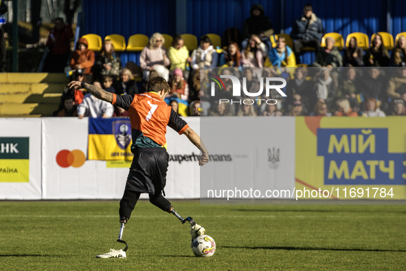 A football match takes place in Kyiv, Ukraine, on October 20, 2024, with the participation of veterans of the Russian-Ukrainian war, patient...