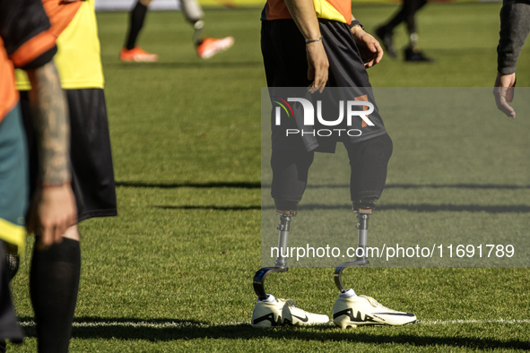 A football match takes place in Kyiv, Ukraine, on October 20, 2024, with the participation of veterans of the Russian-Ukrainian war, patient...