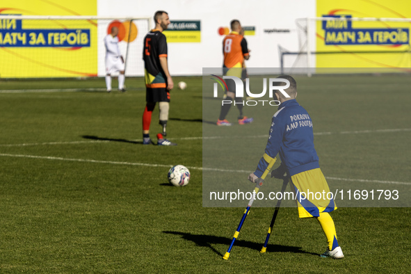 A football match takes place in Kyiv, Ukraine, on October 20, 2024, with the participation of veterans of the Russian-Ukrainian war, patient...