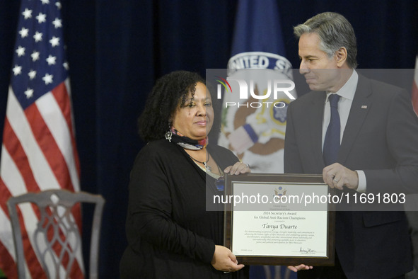 US State Department Secretary Antony Blinken awards Afro-Mexican feminist Tanya Duarte during a Secretary of State's Award for Global Anti-R...