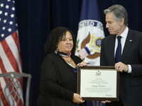 US State Department Secretary Antony Blinken awards Afro-Mexican feminist Tanya Duarte during a Secretary of State's Award for Global Anti-R...