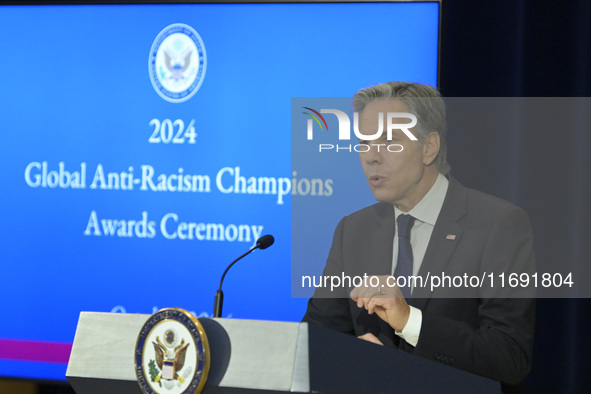 US State Department Secretary Antony Blinken delivers remarks and presents awards during a Secretary of State's Award for Global Anti-Racism...