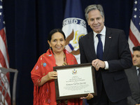 US State Department Secretary Antony Blinken awards Bolivian Political Leader Tomasa Yarhui Jacom during a Secretary of State's Award for Gl...