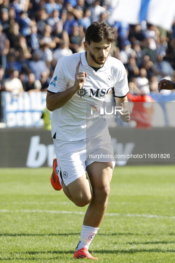 Napoli's Khvicha Kvaratskhelia celebrates after scoring their first goal during the Serie A soccer match between Empoli FC and SSC Napoli at...